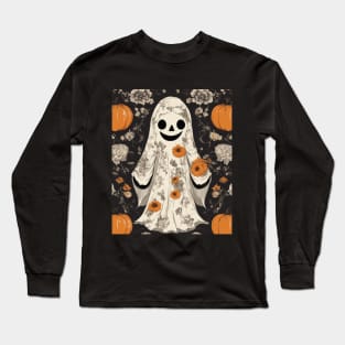 Halloween Costume Vintage Floral Ghost Pumpkin Funny Graphic Long Sleeve T-Shirt